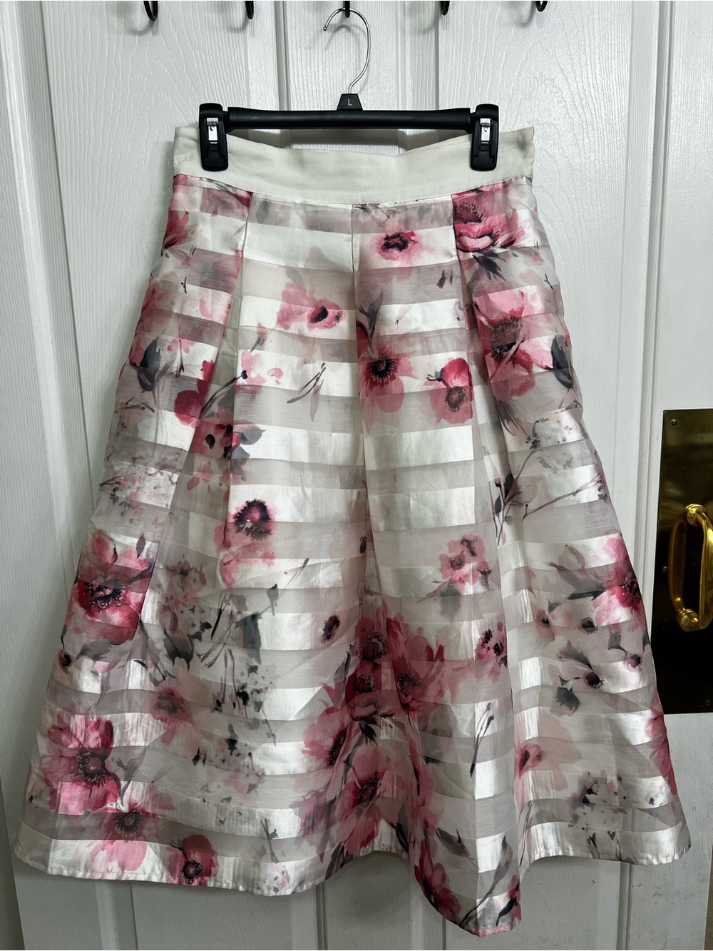 White House Black Market Floral A-Line Midi Skirt in Pink and Cream
